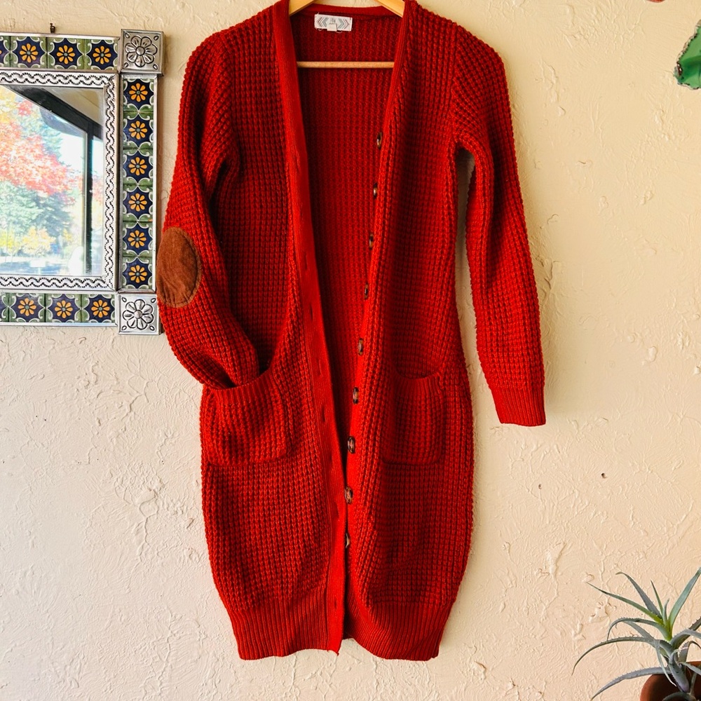 Pink Rose Long Knit Cardigan with Elbow Patches 📚 size Small